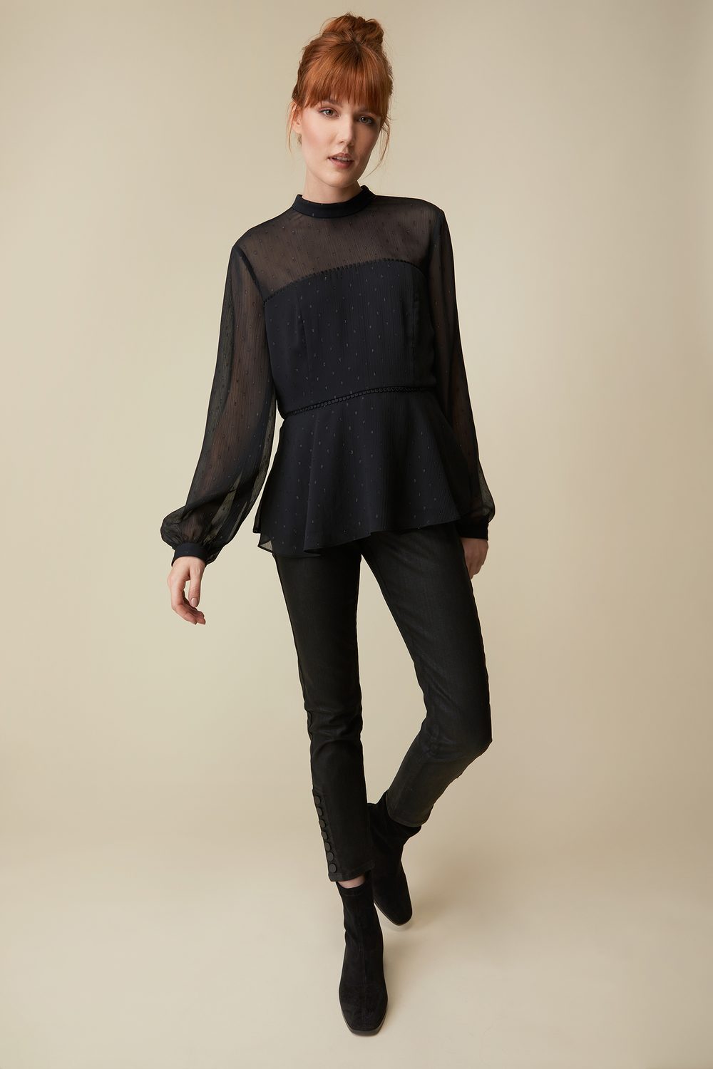 Embellished Mock Neck Blouse With Puffy Sleeves
