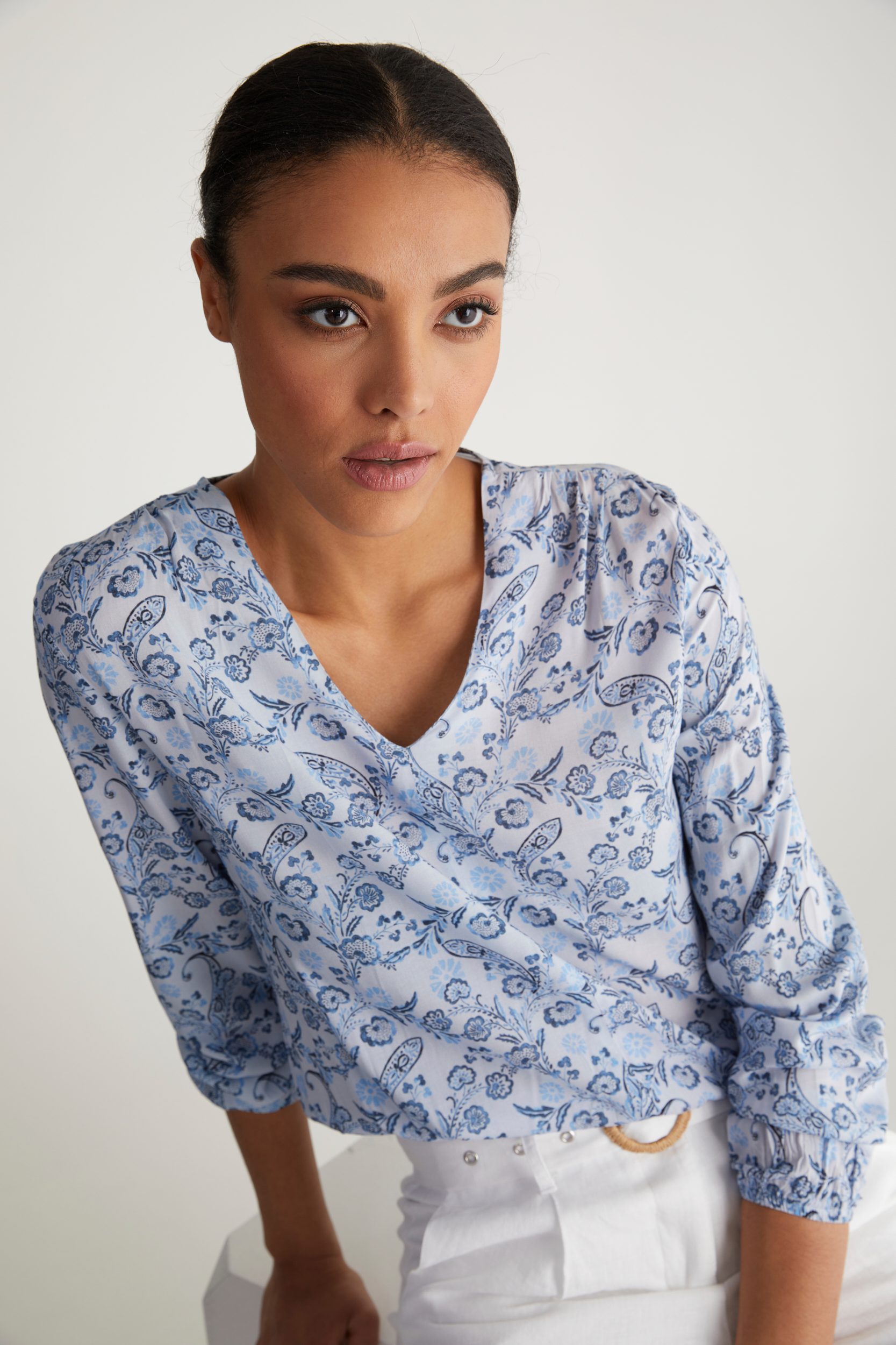 v neck printed blouse