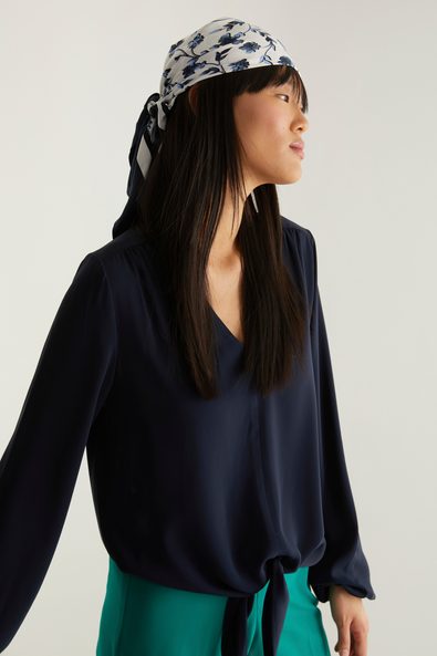 Tied front blouse with puffy sleeve
