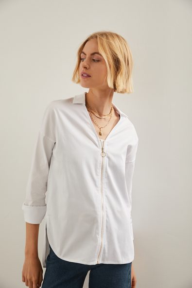Dropped shoulder shirt with front zipper