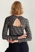 Floral print crew neck top with back opening
