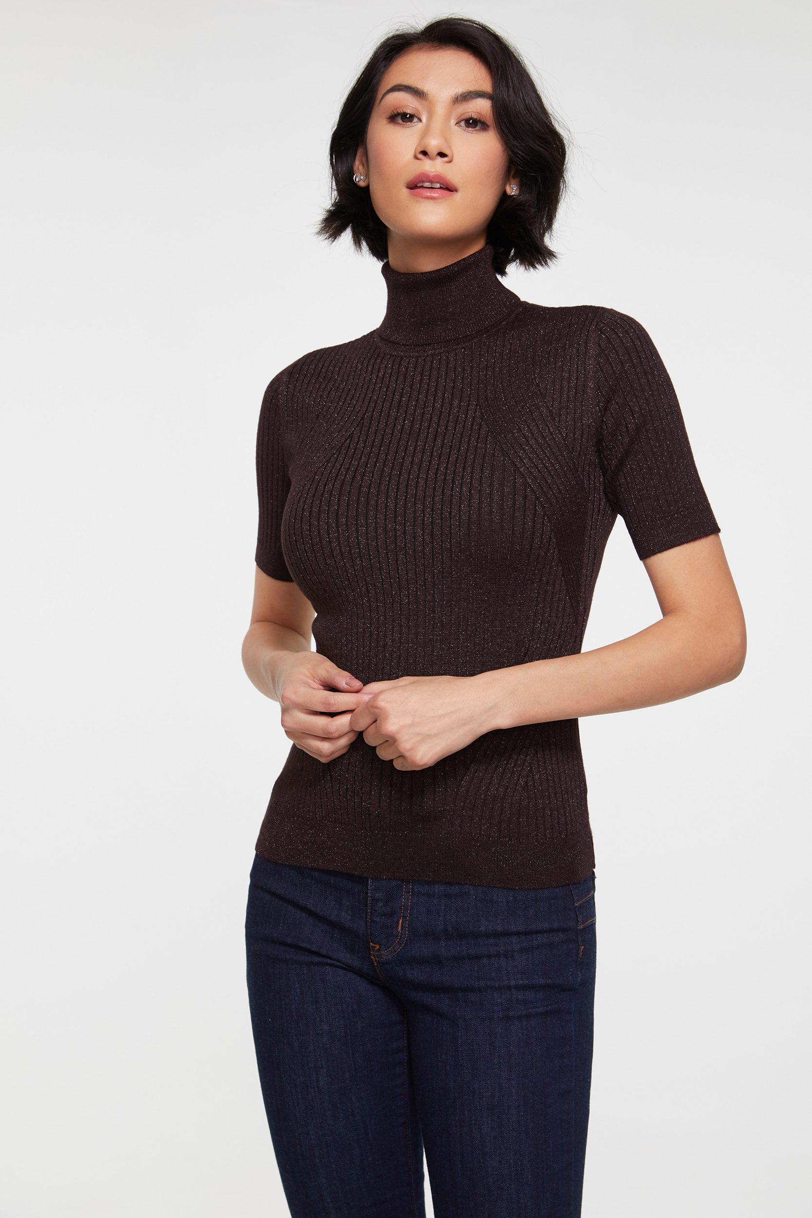 Metallic Effect Short Sleeve Ribbed Sweater