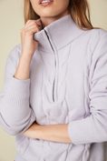 Cable-knit mock neck sweater with front zipper
