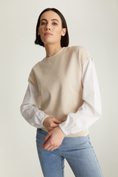 Knitted sweater with woven puffy sleeves