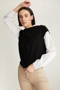 Knitted sweater with woven puffy sleeves