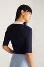 Short sleeve ribbed top with polo collar - White;Navy