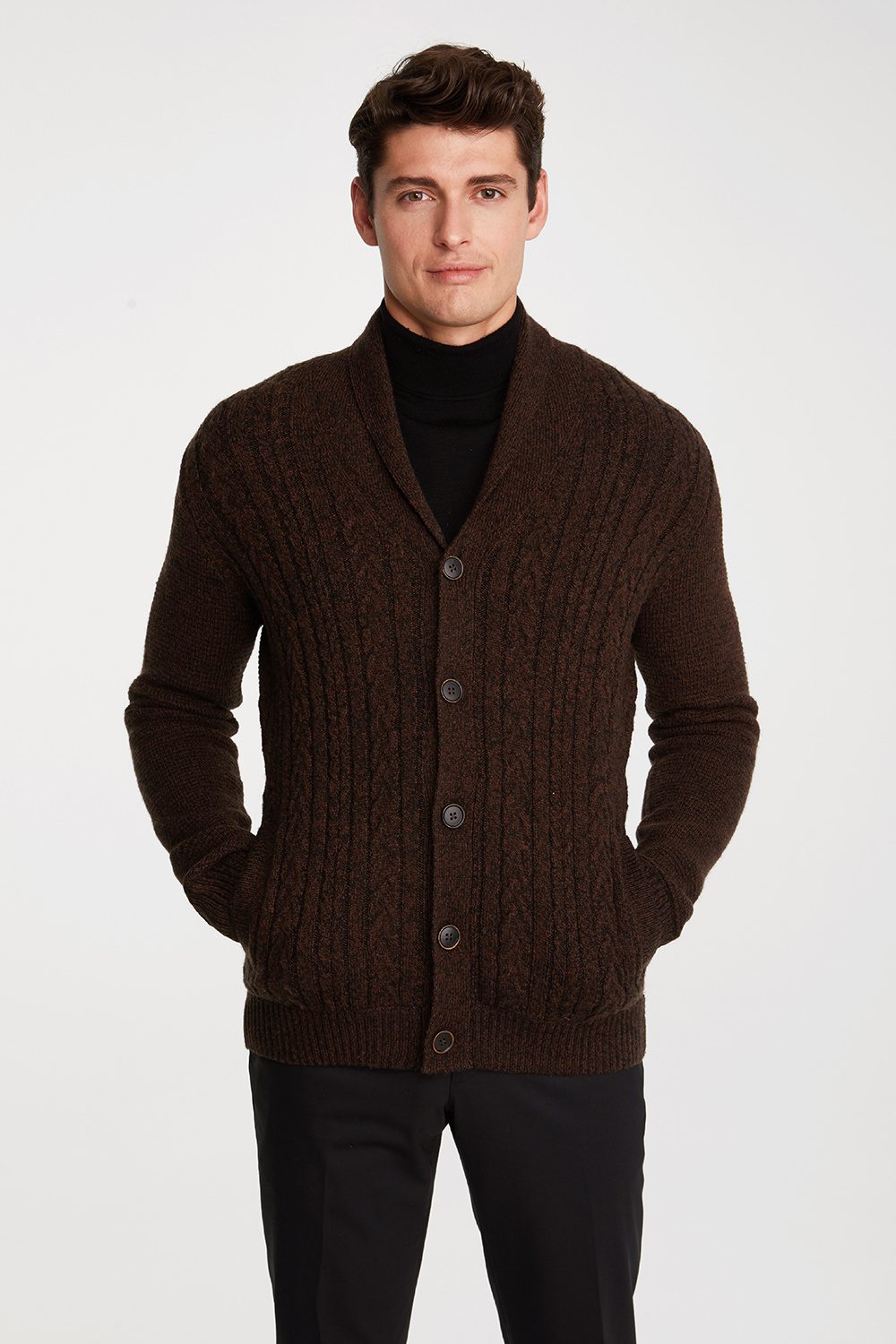 brown shawl collar cardigan